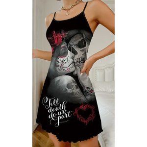 GOTH Black Red Couple Death Do Us Part Night Gown Chemise Dress M 8 10 NEW